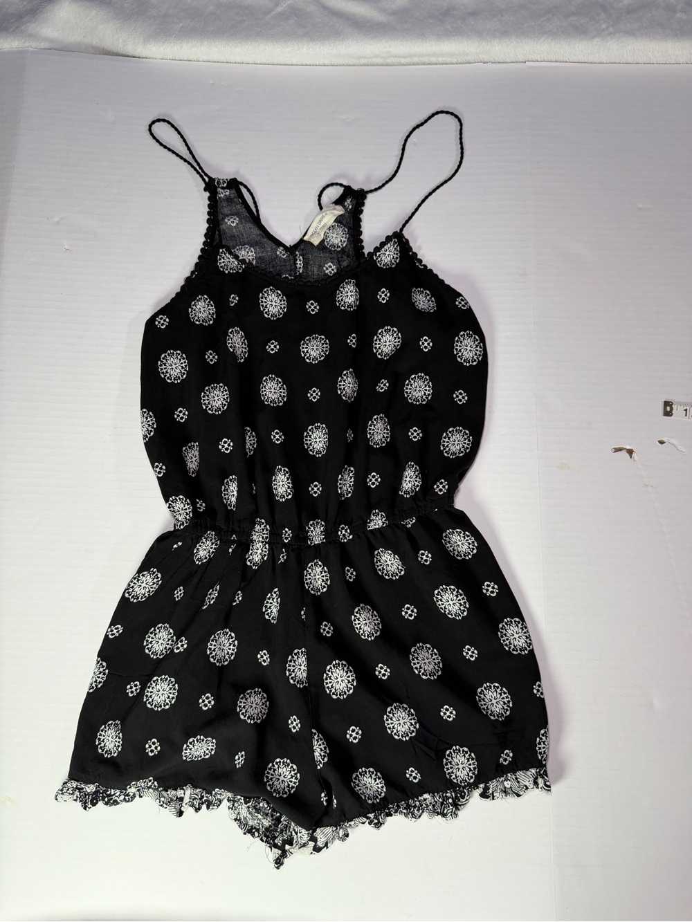 Ocean Drive Black Romper swimsuit cover with White Medallion Print and Lace Trim